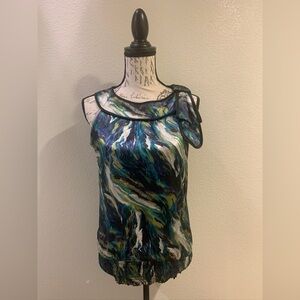 Iz Byer Multicolor Abstract Sleeveless Blouse with Ribbon Accent